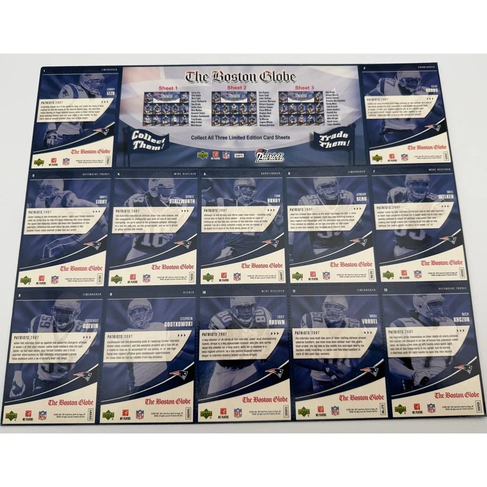2007 Upper Deck New England Patriots Boston Globe Complete 3 Sheet Set Tom Brady
